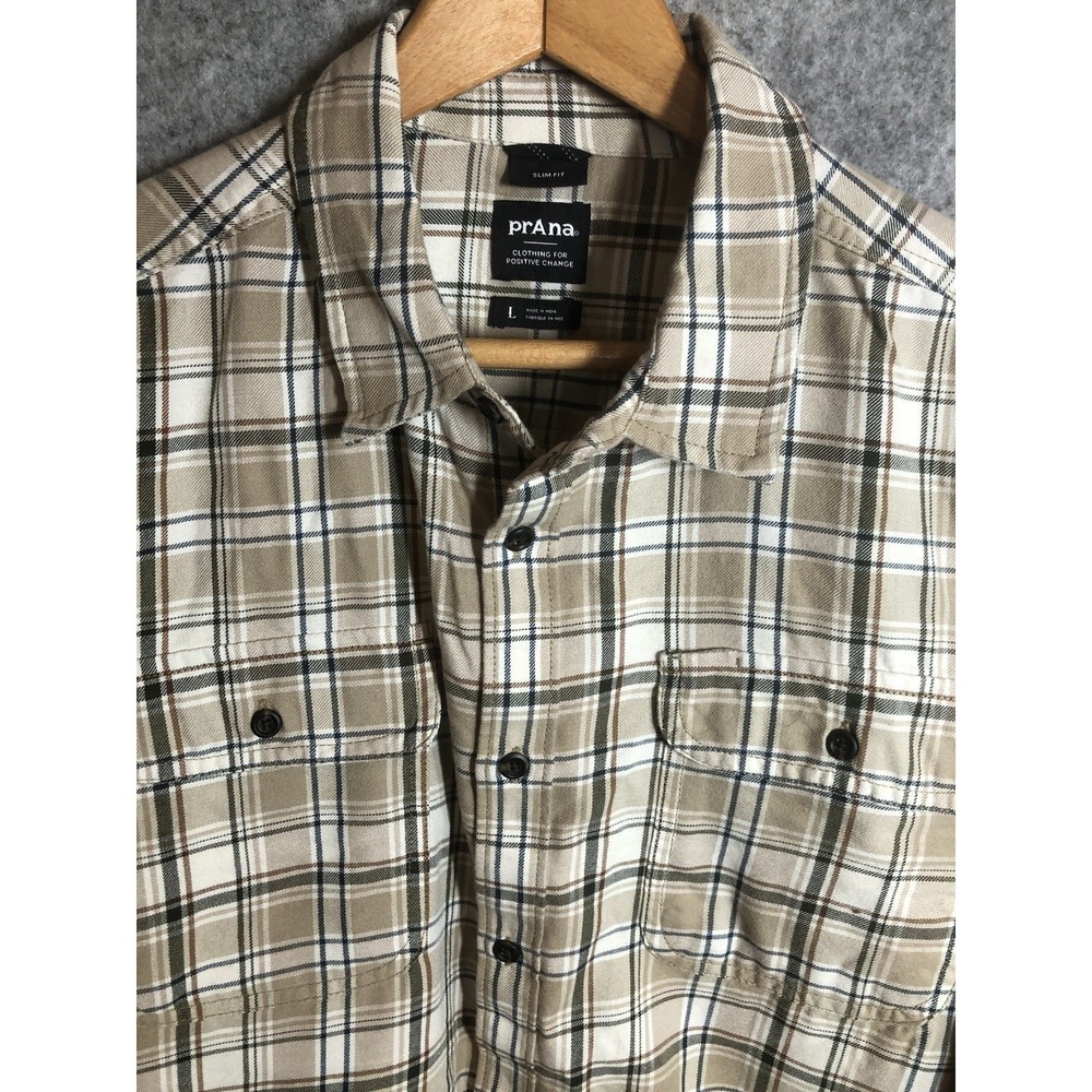 Prana Shirt Mens Large Tan Edgewater Flannel Button Down Hike Fish Camp Classic